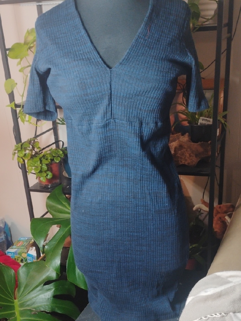 love J Blue Ribbed V-Neck Midi Dress